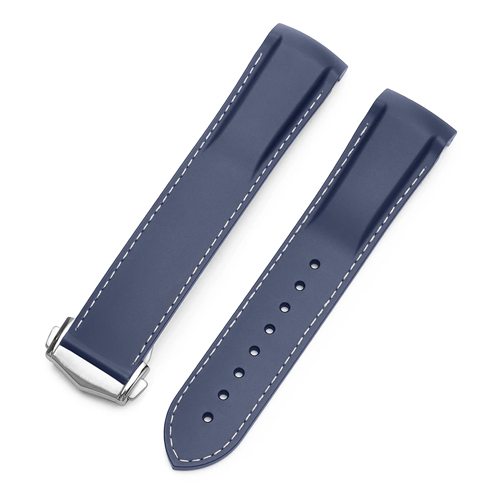 Curved End Silicone Rubber Watch Strap with Folding Buckle - Premium Bracelet, 20mm/22mm
