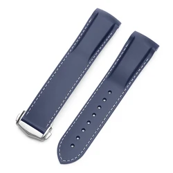 Curved End Silicone Rubber Watch Strap with Folding Buckle - Premium Bracelet, 20mm/22mm - 22mm (Blue White)