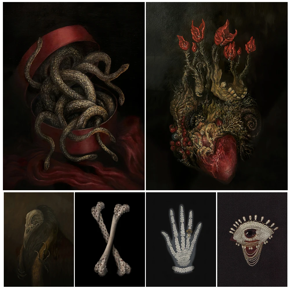 

Heart Symbiotic With Plants,Horror Gift Box,Vintage Wall Art Canvas Painting Crow Skeleton And Exquisite Bones Art Poster Print