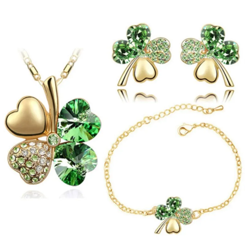 Crystal Clover 4 Leaf Heart Pendant Jewelry Sets Necklace Earrings Bracelet Women Lovers Cute Romantic Gifts Summer Party jewelry sets,jewelry set,women earrings,chain necklace