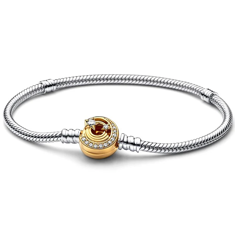 

Authentic 925 Sterling Silver Moments Gold Star With Crystal Snake Chain Bracelet Bangle Fit Bead Charm Diy Fashion Jewelry
