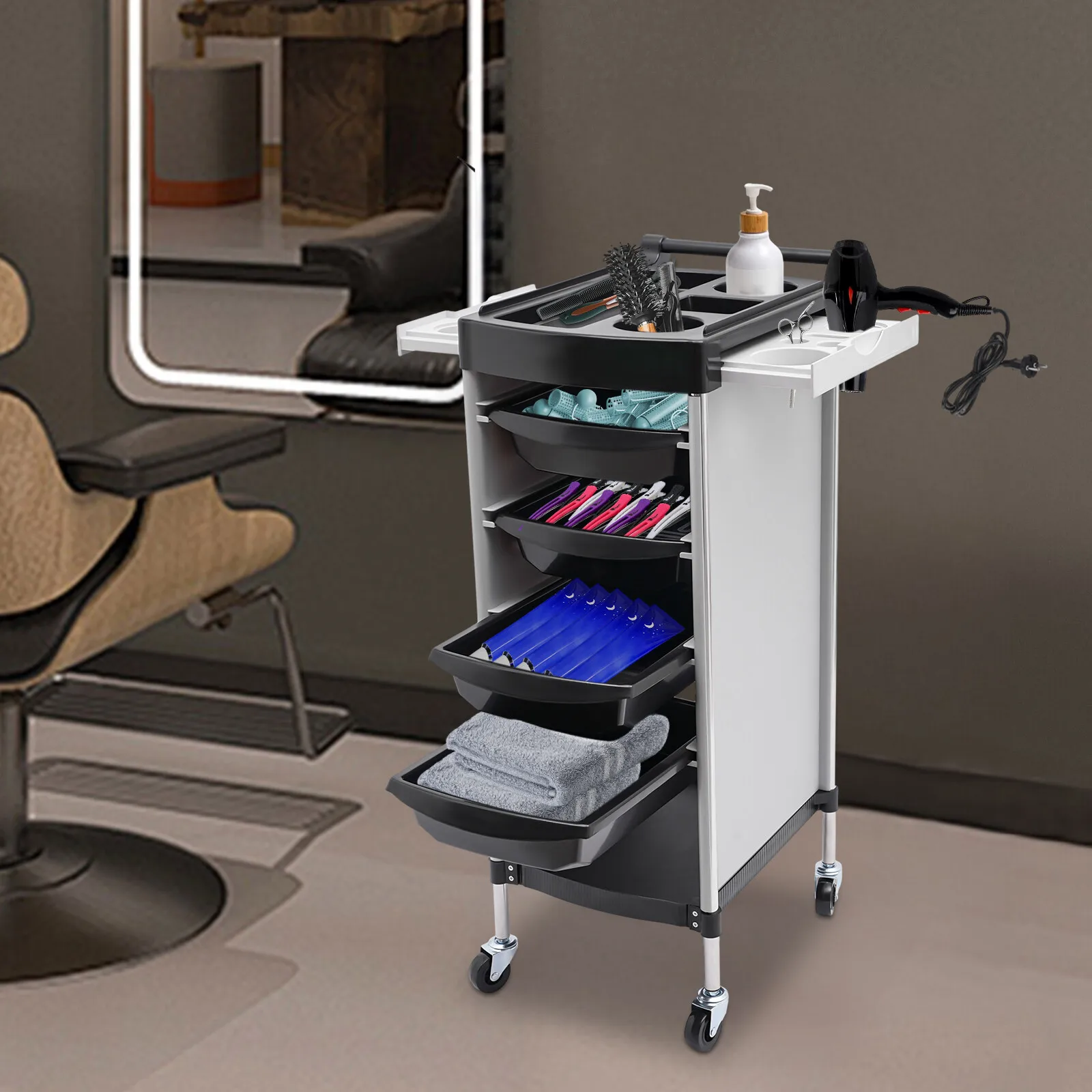 6-stöckiger Salon-Trolley mit Rollen, PP-Edelstahl-Rollwagen, 50 kg Tragkraft, mobiler Organizer-Wagen für Friseursalon, Spa, Zuhause – Detail 7