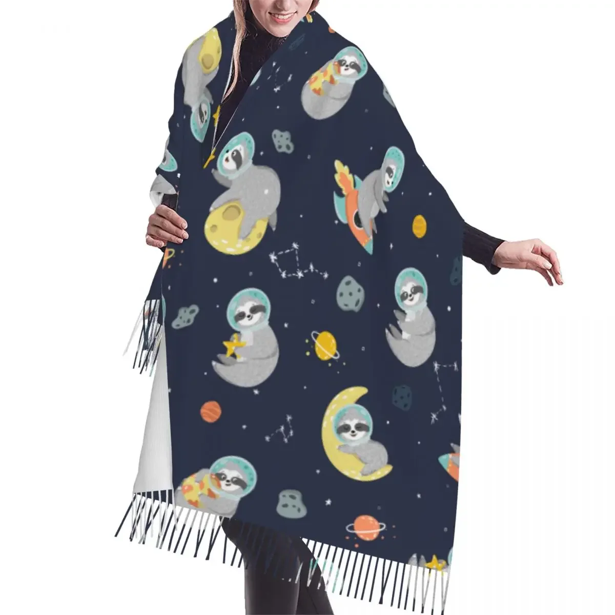 

Winter Tassel Scarf Sloth Astronaut Stars Planets Rockets Women Cashmere Scarves Neck Head Warm Pashmina Lady Shawl Wrap Bandana