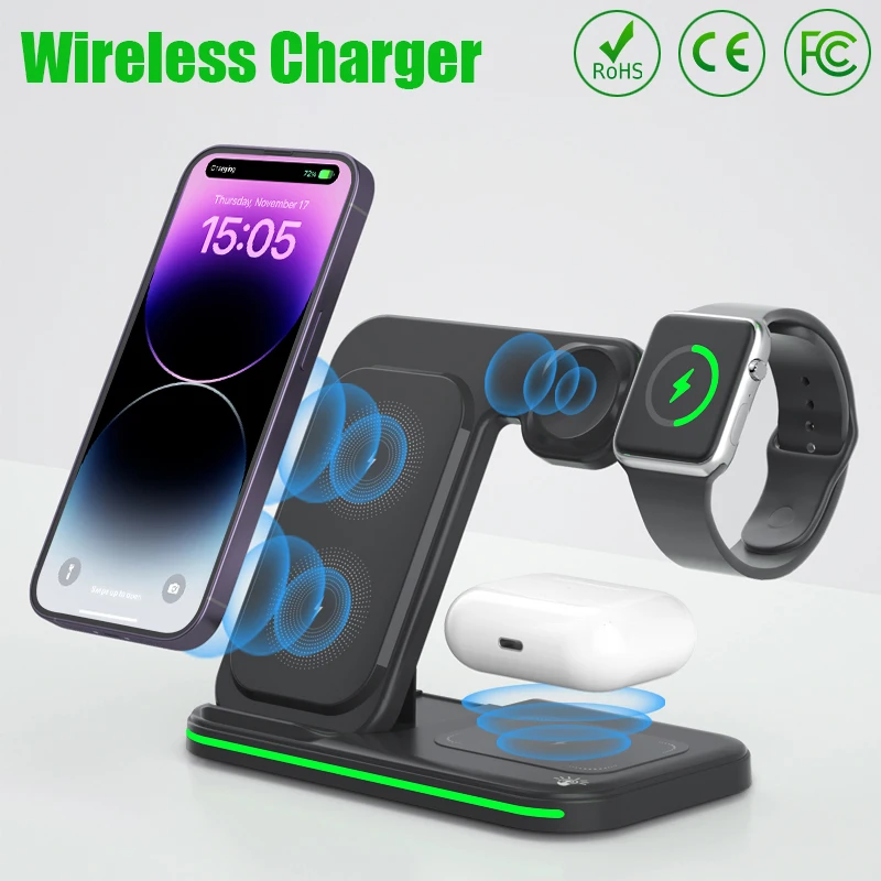 

Беспроводная док-станция 15 Вт для iPhone 14 13 12 11 XS XR X 8 Apple Watch 8 7 6 SE 5 AirPods 3 Pro
