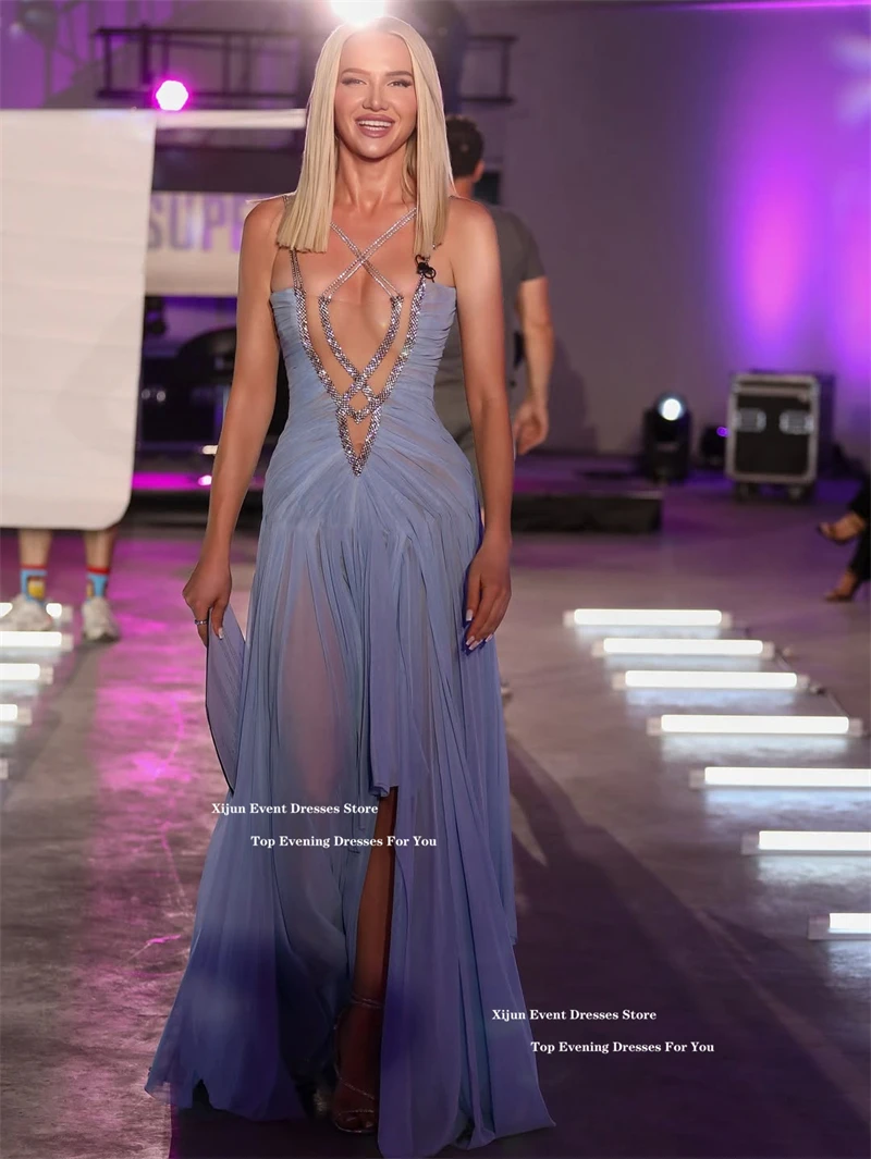 Xijun Sexy blaue Chiffon-Abendkleider mit Perlen verziert, Spaghettiträger, A-Linie, Ballkleider, Seitenschlitz, plissiert, sexy Ballkleider, individuell gestaltet – Detail 8
