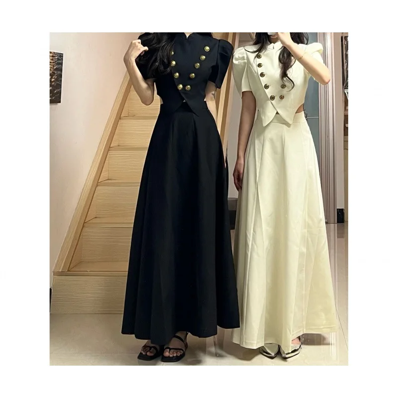 Suit skirt summer new French fashion temperament bubble sleeve irregular top high waist long skirt slim two-piece suit