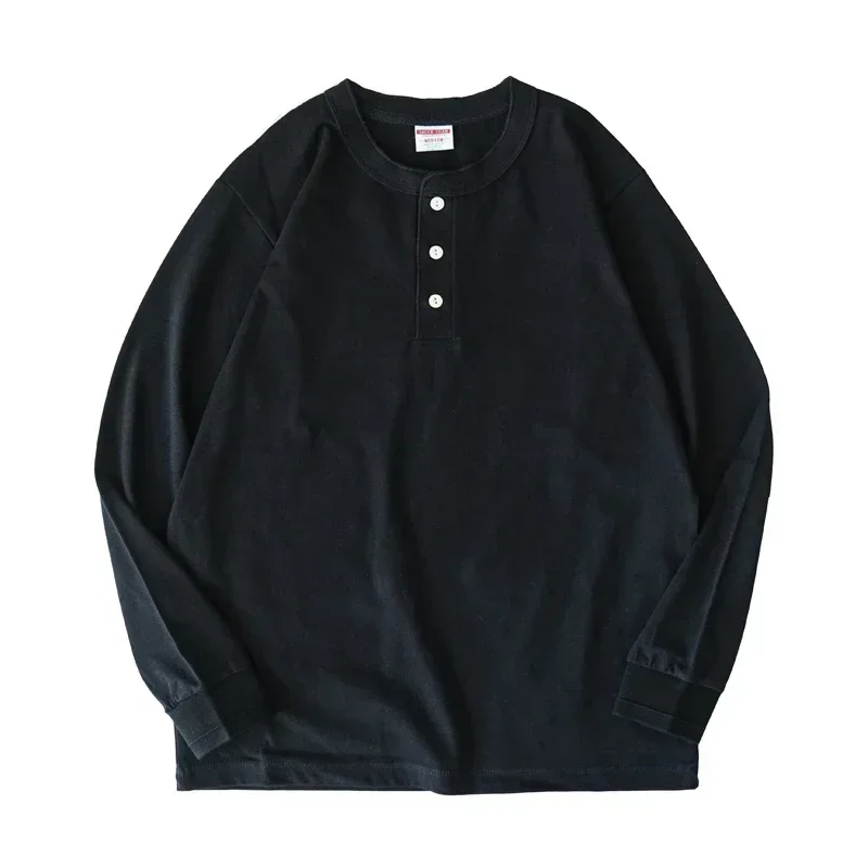 Sauce Zhan Tops & Tees Henley Tee Mans T-shirt Long Sleeve Henry Collar Pure Cotton Solid Color 230g Loose Fit 5