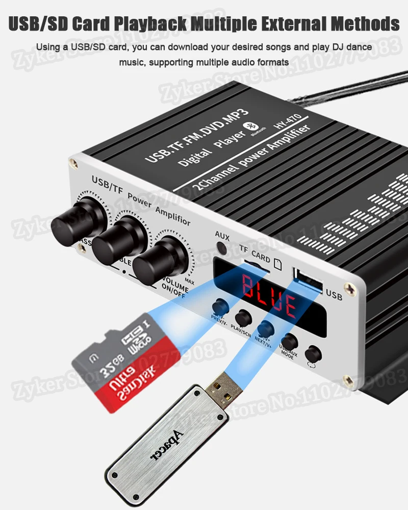 12V Mini Digital Bluetooth 5.0 Power Amplifier Blue Light Stereo Audio Amplifier for Home Theater Car Club Party USB Card FM AMP