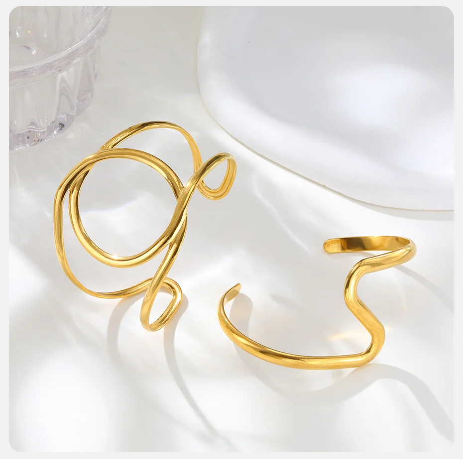 Vnox Minimalistisches Edelstahl-Armband mit doppelter Manschette, geometrische Ästhetik, vergoldete Armreifen, Damen-Handarm-Schmuckgeschenke – Detail 6