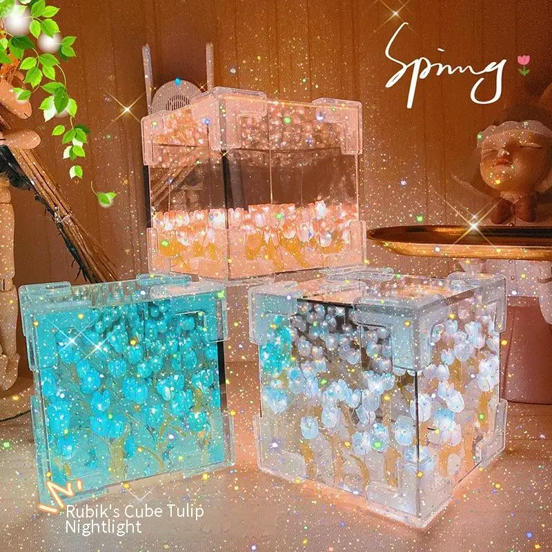 Flower Night Light Material Package 1pcs Handmade DIY Flower Cube Tulip Stereo For Girlfriend Couple Birthday Gift