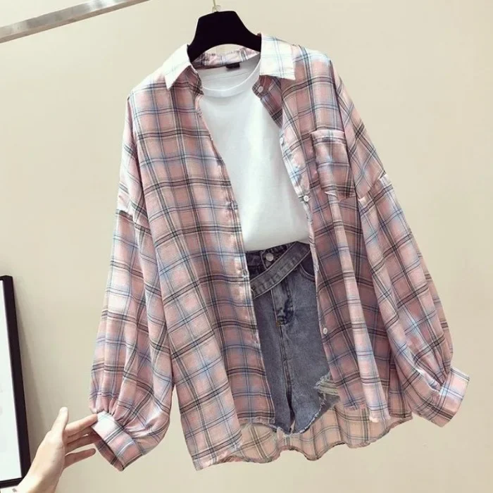 여성용 체크 무늬 셔츠, 루즈핏 홍콩 스타일, 빈티지 자외선 차단 재킷, 세련된 탑, 스퀘어 칼라, 2023 용수철 여름 신상