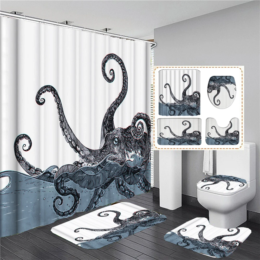 

Ocean Octopus 3d Shower Curtain Print Bathroom Curtains Set Bath Mat Rugs Toilet Lid Cover Pedestal Anti-slip Carpet Home Decor