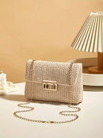 Woven Straw Handwoven Women’s Shoulder Bag, Fashion Solid Color Crossbody Purse with Lock Closure
