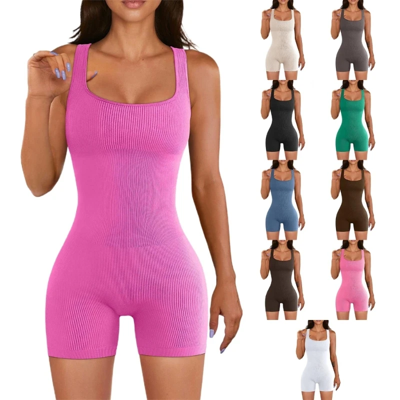 

Trendy Sleeveless Workout Onesie Ribbed Square Neck Great for Gym or Yoga Studio