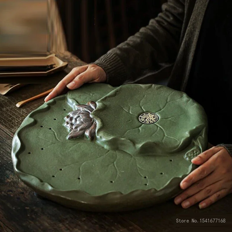 Chinese Style Ceramic Dry Tea Making Platform Household, Office Water Storage Type, Lotus Leaf Tea Tray, Drainage Tray, Creative