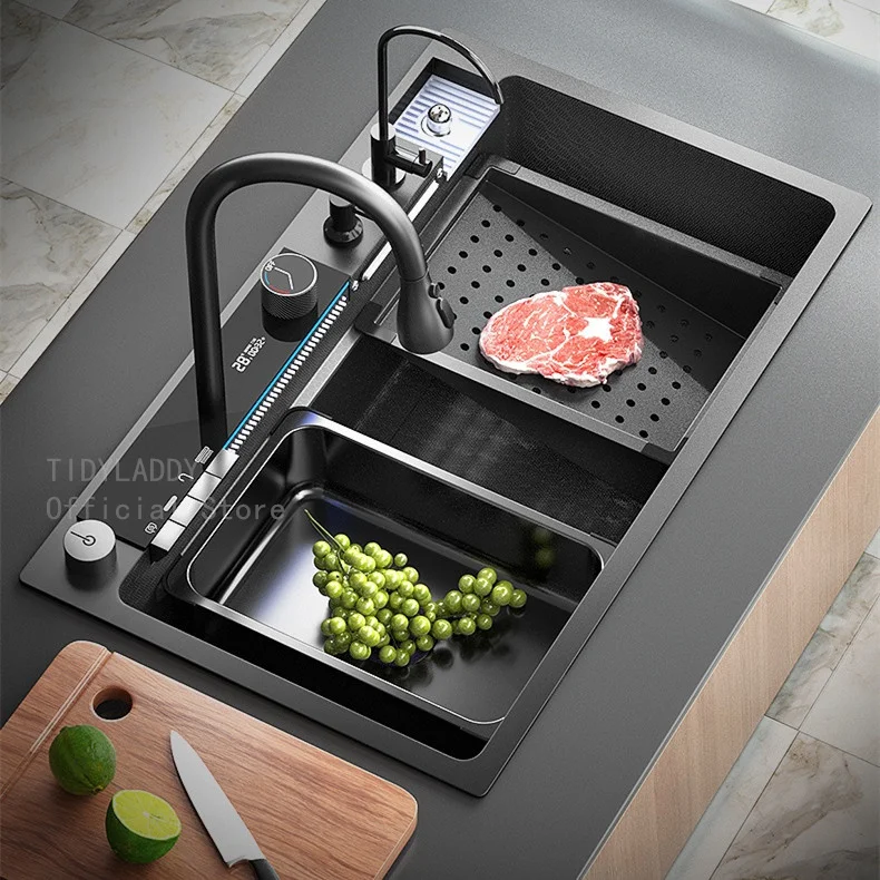 Lavello Cucina Singolo A Cascata Con Rubinetto Estraibile - Acciaio Inox 304, Include Tagliere E Accessori - Foto 8