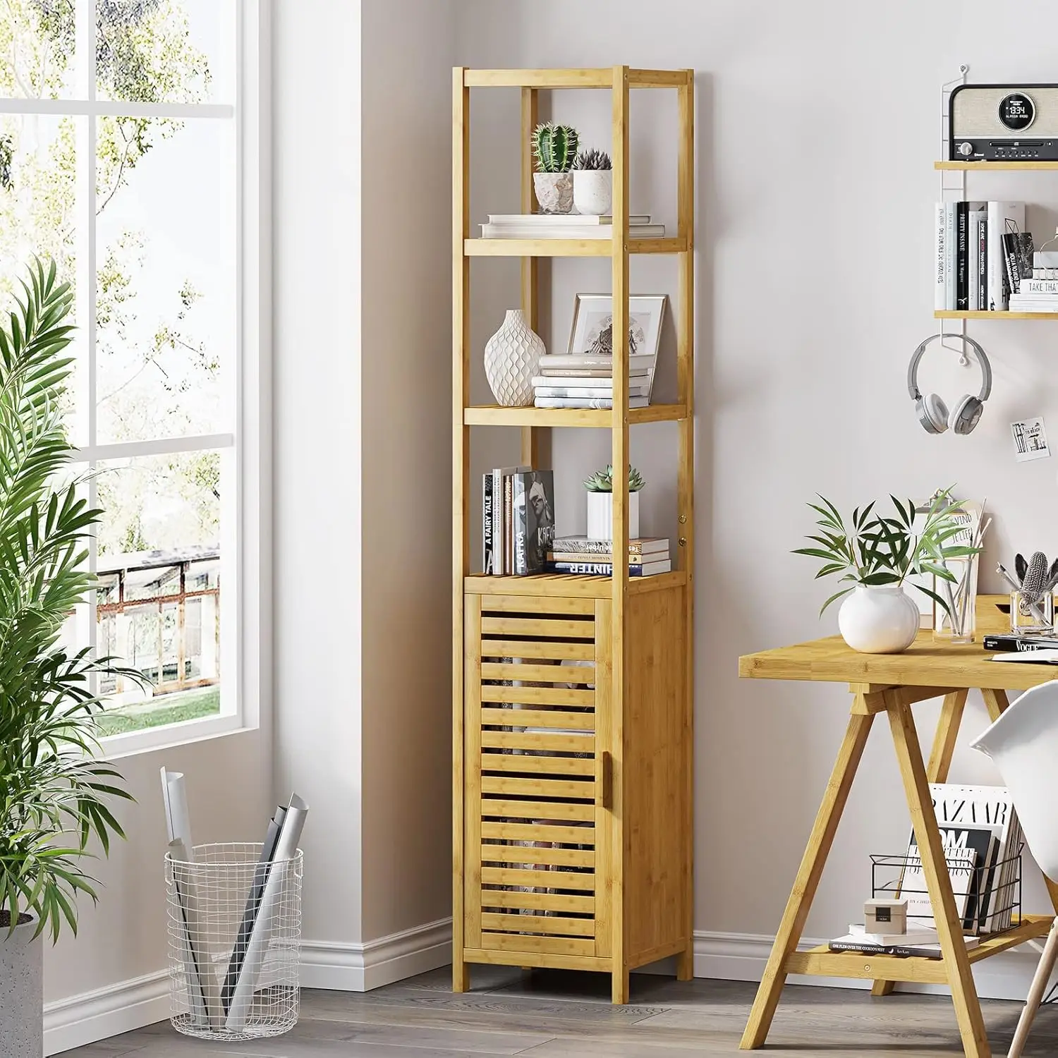 Storage Tall Slim Cabinet with Shutter Door and 3 Tier Shelves, Freestanding Linen Tower Cabinet for Living Room, Kitchen, Bathr