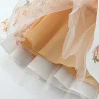 2024 Sexy Flower Print V Collar Corset Style Mini Dress Short Puff Sleeve Women Low Waist Ruched Pleated Contrast Color Hem Robe - Image 6