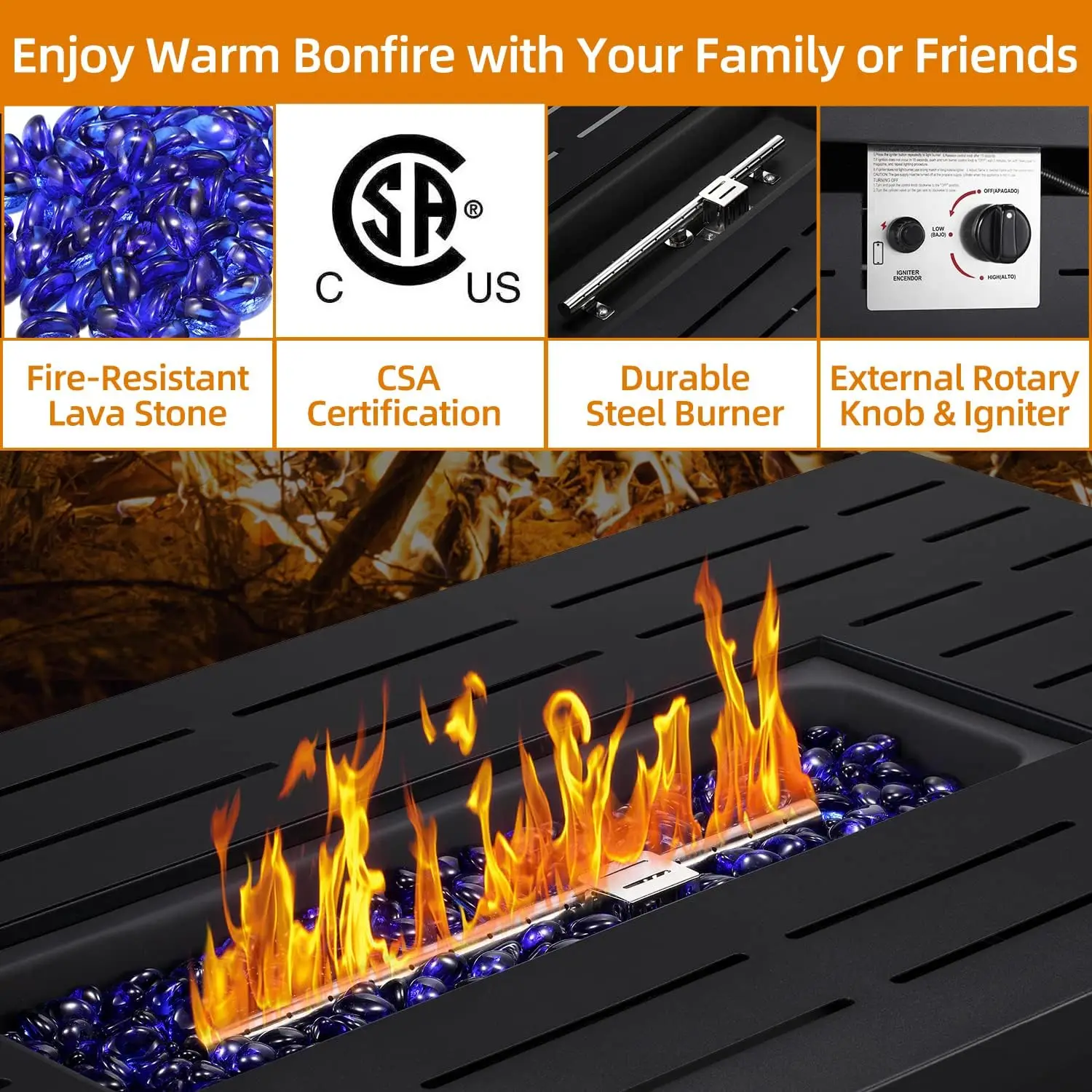 Outside Garden Backyard Deck Patio Fire Pit Propane Gas FirePit Table 43" Outdoor Fire Pit Rectangular Tabletop with Lid 6