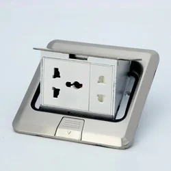 Stainless Steel Hidden Pop - Up Floor Outlet with Universal Power Options - Multifunctional 2P (Silver)