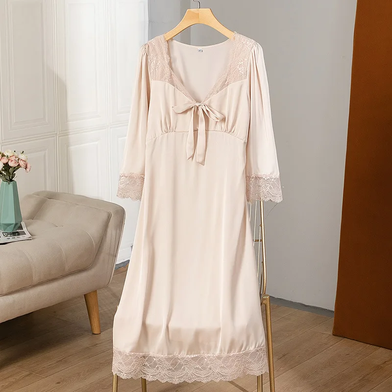 

Lace Hollow Out Sleepdress Summer Kimono Dressing Gown V-Neck Nightdress Women Satin Nightwear Sexy Intimate Lingerie Loungewear