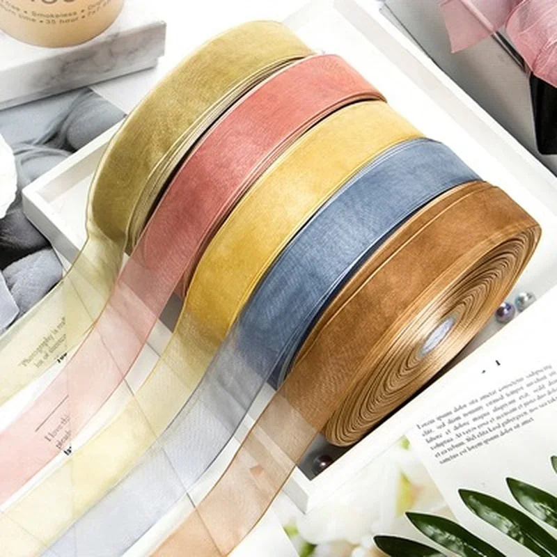 25mm 50yards/roll organza ribbons gift wedding Party Christmas decoration wrapping lace Handmade DIY Multicolor chiffon Ribbon