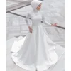 Muslim White Long Sleeves Satin Wedding Party Dress Elegant High Collar Beading Sequined A-Line Floor Length Bride Gowns 2025 1