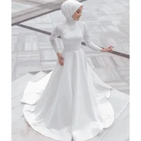 Muslim White Long Sleeves Satin Wedding Party Dress Elegant High Collar Beading Sequined A-Line Floor Length Bride Gowns 2025 1