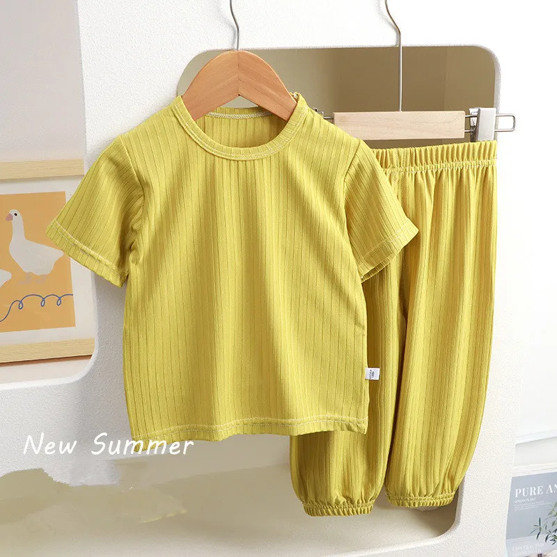 2Pcs Kids Ribbed Short Sleeve Pajama Set, Toddler Boys Girls Solid Color Sleepwear, Children's Soft Cotton Short Set for Summer