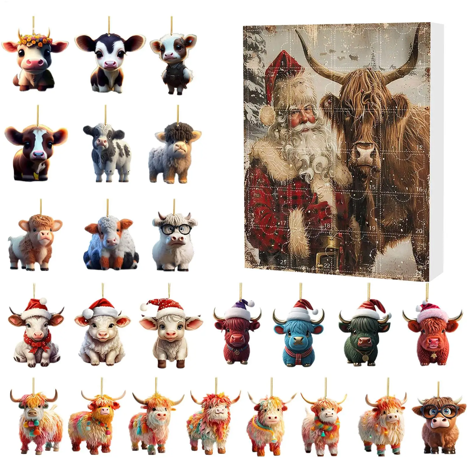 Christmas tree Highland Cow Ornaments Christmas Countdown Calendar kit Gift 2pcs Advent Surprise Toy Set christmas countdown calendar christmas advent calendar