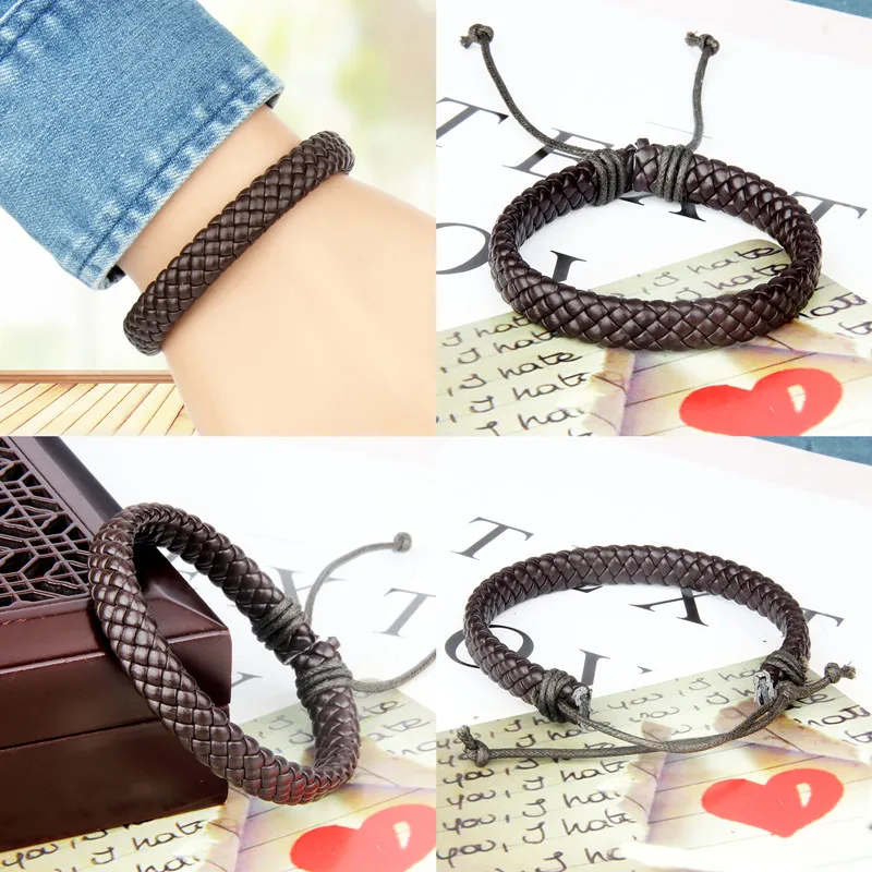 Bracelet Jewelry 1Pcs Punk Black/Brown/White/Yellow Braided Leather Bracelet Bangle Male Accessories Homme Jewelry Black Color Leather Bracelets