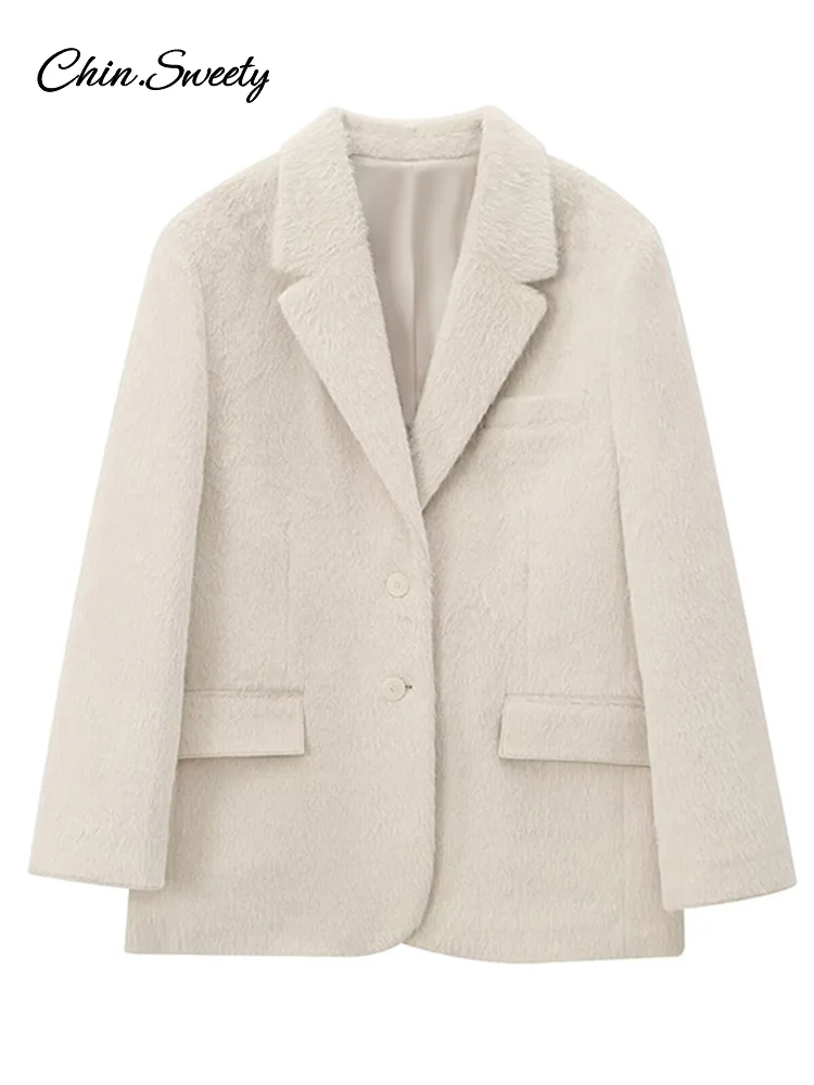 White Mohair Blazer Coat Women Loose Lapel Single-breasted Long Sleeve Thick Warm Jackets 2025 New Office Lady Street Outerwear
