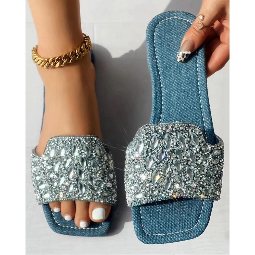 Summer Casual Women Rhinestone Denim Design Outdoor Slippers Wide Strap Beach Flats Sandals Shoes Going Out Summer Shoes
