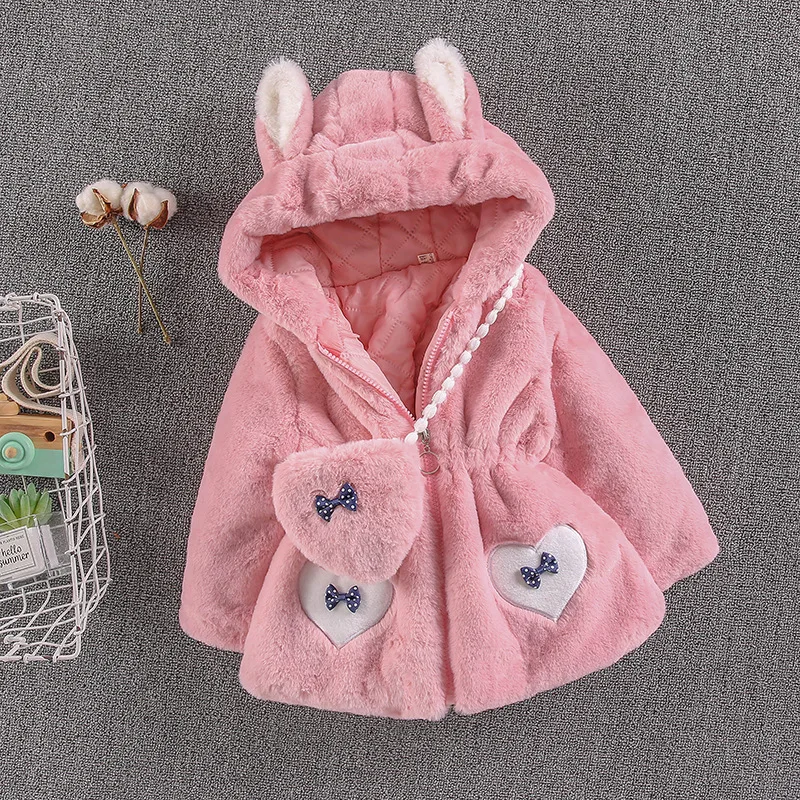 Children Clothing Autumn Winter Baby Girl Faux Fur Jacket Toddler Hooded Plush Thicken Coats with Bag Kids Cotton Outerwear