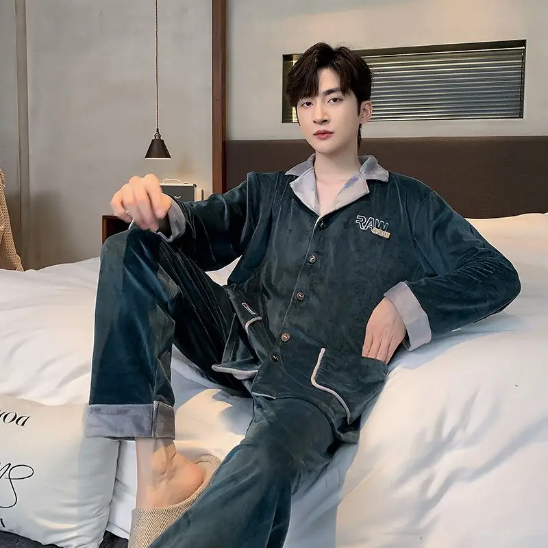 High-End Island Velvet Men Pajamas Autumn Winter Male Thicken Long Sleeve Large Size Homewear Suit Casual Simple Warm Sleepwear