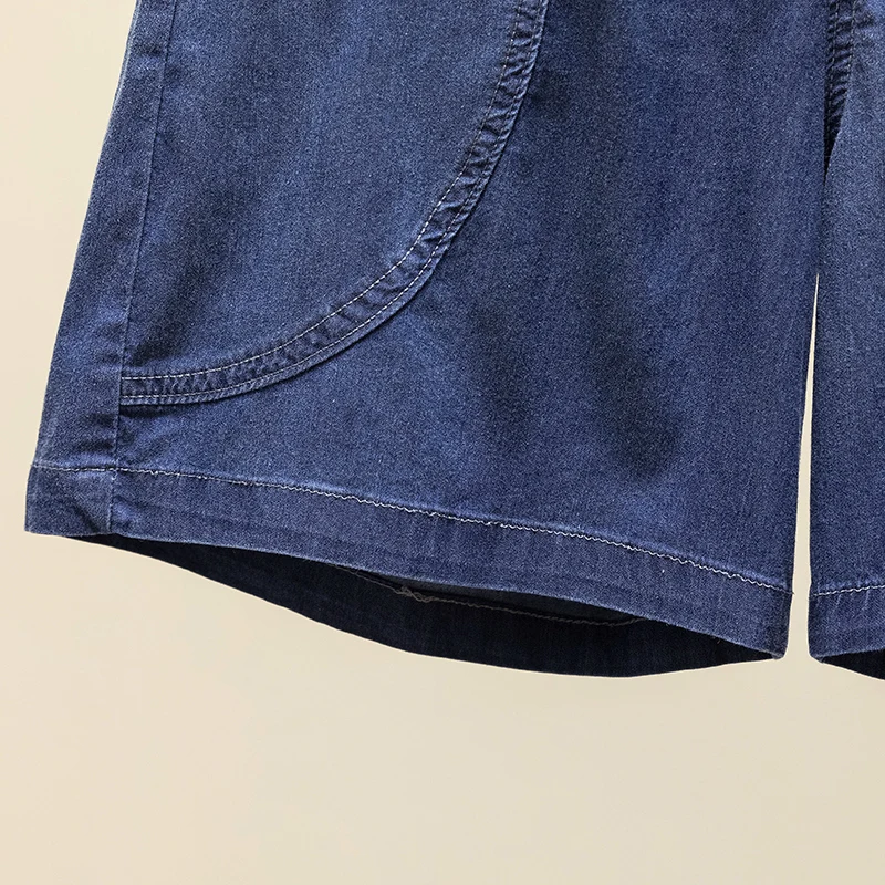 2024 Summer New Large Women's Minimalist Elastic High Waist Solid Color Patchwork Pocket Thin Loose Wide-leg Casual Denim Shorts