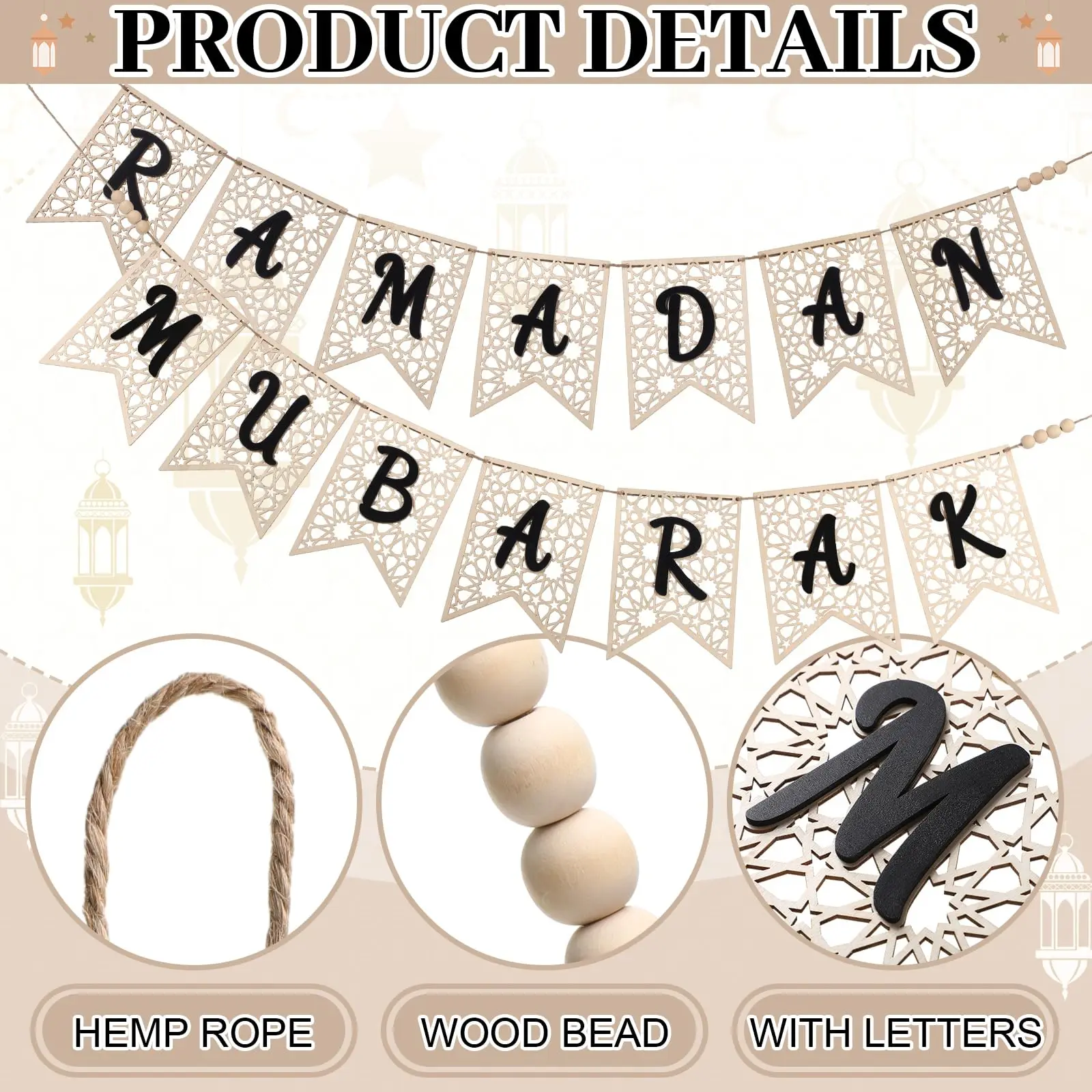 Eid Ramadan Decoration Mubarak Banner Wooden Decorations Rustic Bead Banner Eid Al-Fitr Party Decor Supplies For Home Decoration
