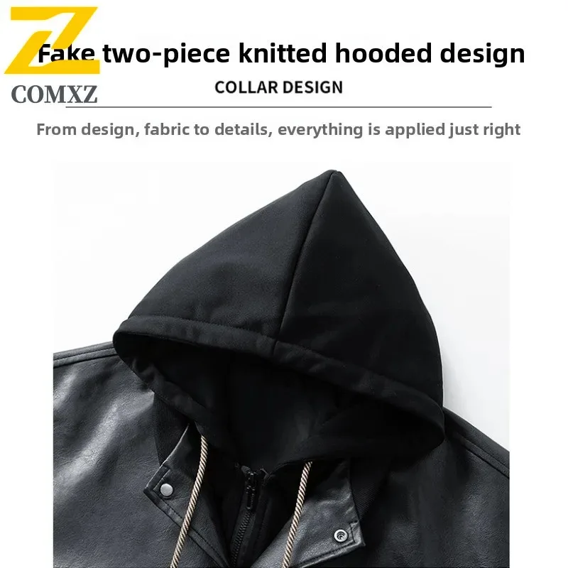 Men's Vintage Hooded Biker Jacket PU Leather Coat American Style Motorcycle Outerwear Water-Resistant Windproof Streetwear Retro