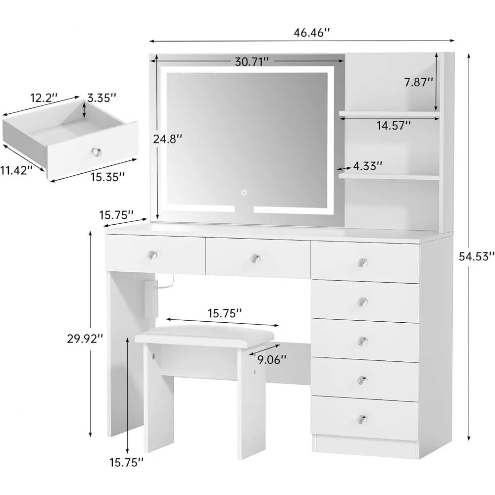 Vanity with Lighted Mirror - 47" Makeup Vanity Desk with 7 Drawers, 3 Storage Shelves and Outlet, 3 Color Lighting Modes 2