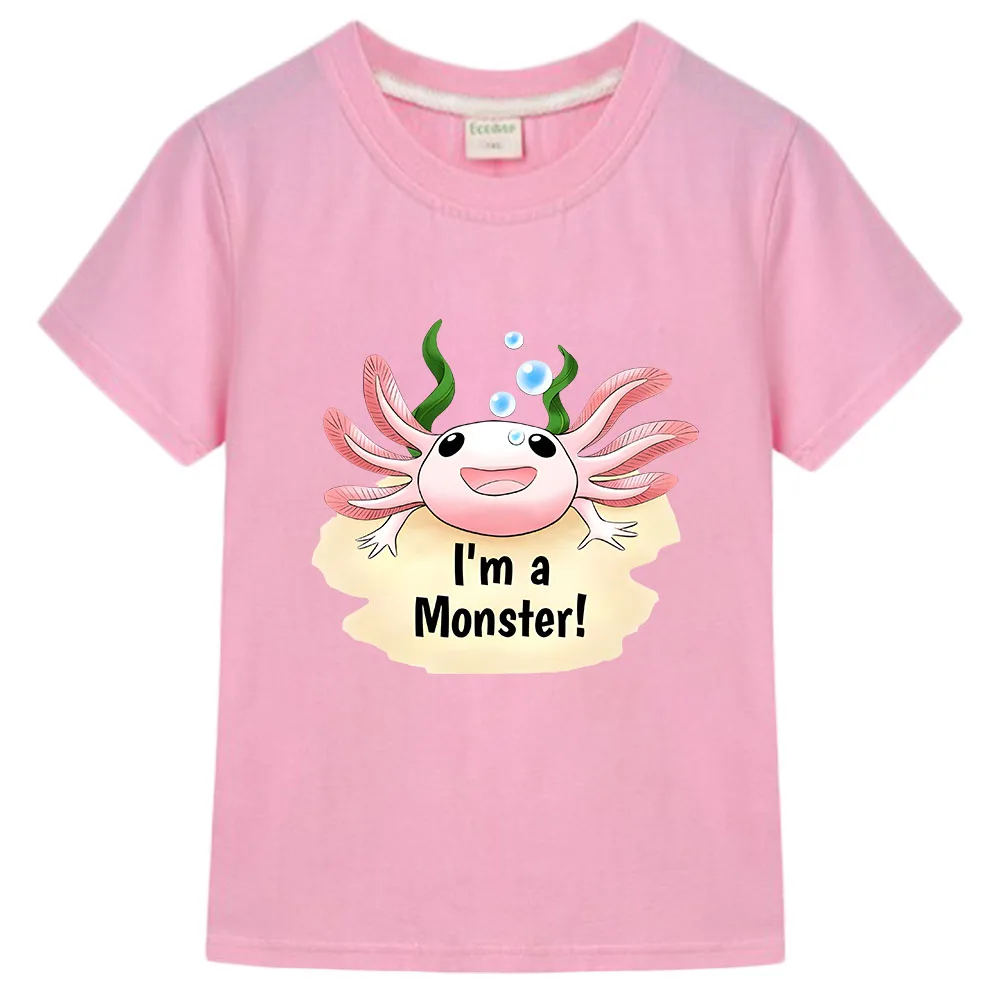 

Pink Axolotl L'm A Monster Girls Tshirts Summer Streetwear Kids Clothes Children's T-shirt 100% Cotton Short Sleeve Boys Tees