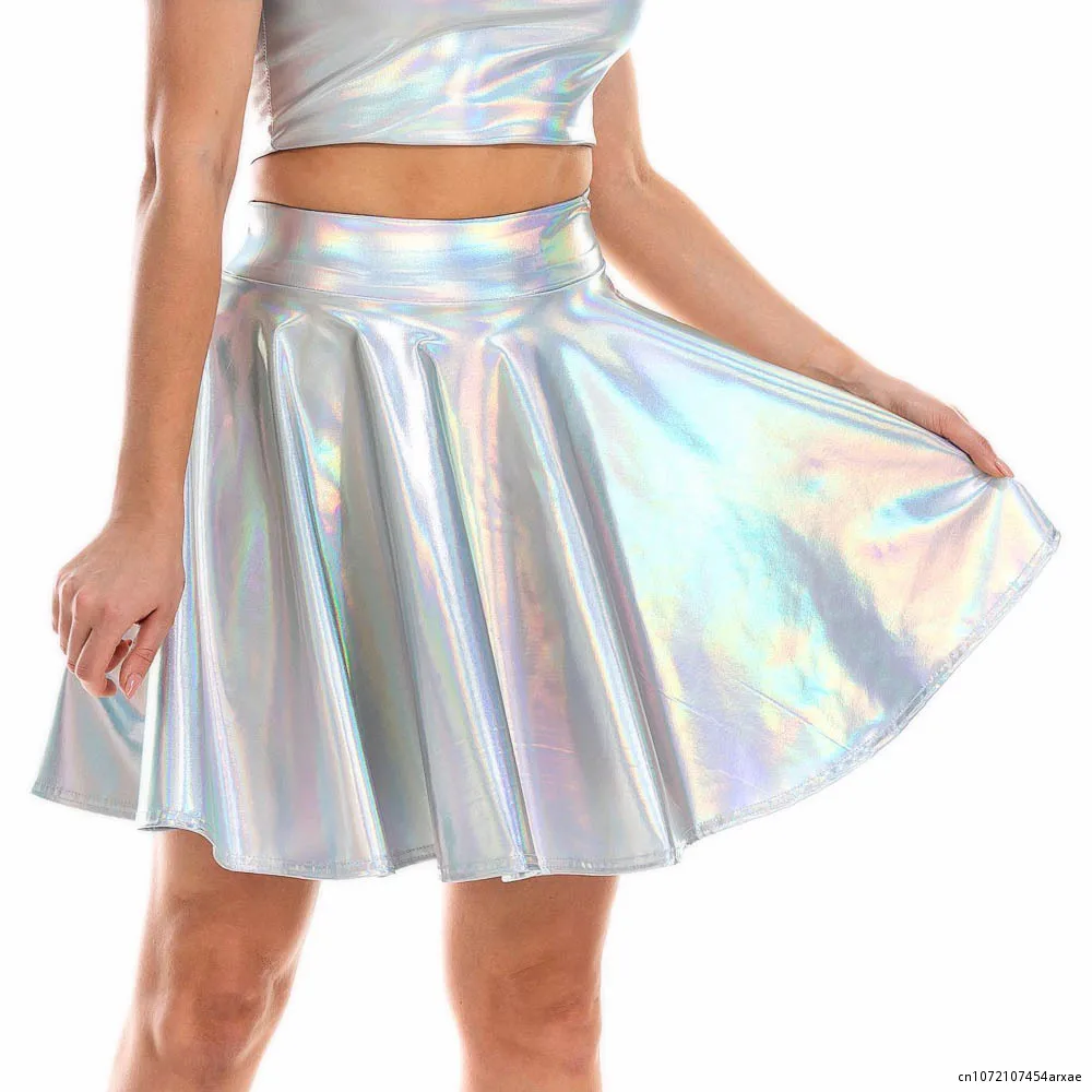 

Summer Sexy New High Waist Mini PU Leather Skirt Club Party Dance Shiny Holographic Skirts Harajuku JK Metallic Pleated Skirts