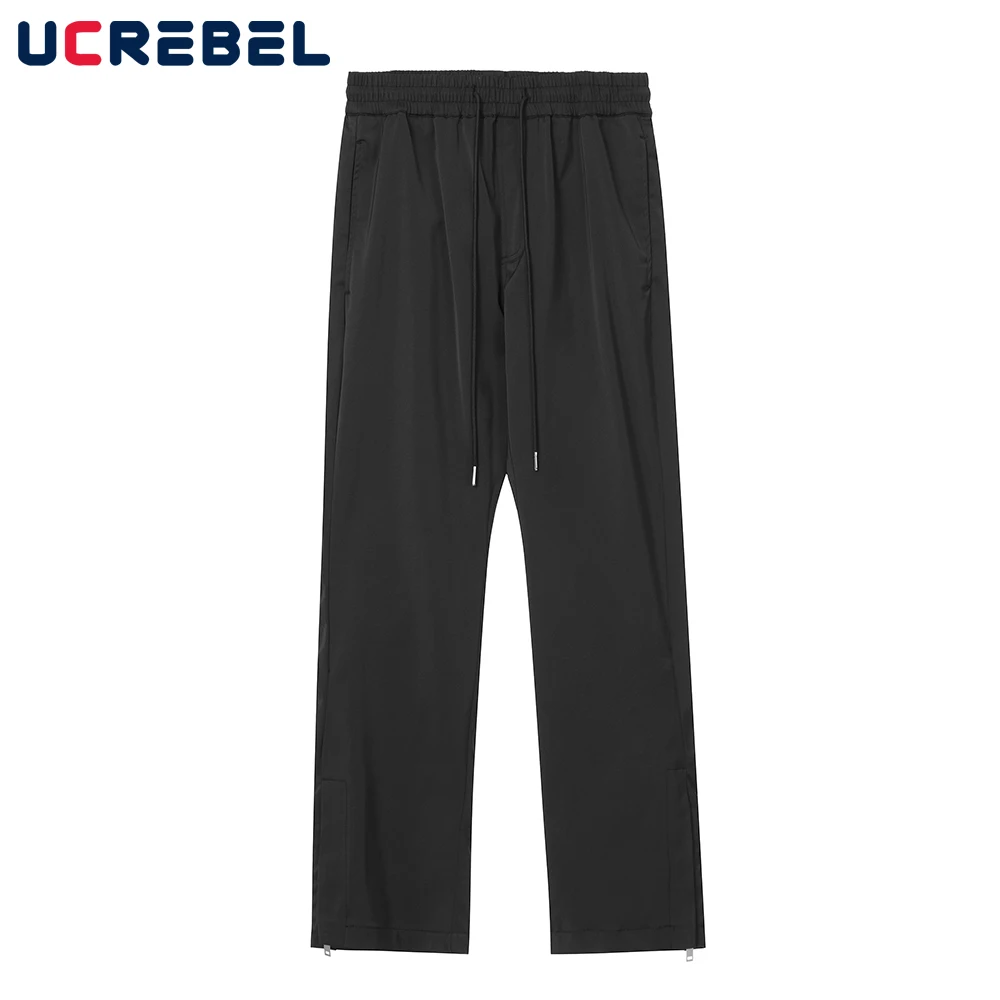 

Solid Color Casual Pants Mens Drawstring Elastic Waist Straight-leg Pants Bottom Split Zippered Trousers Men
