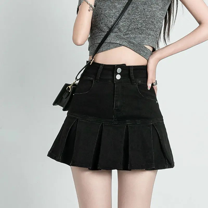 DEEPTOWN Pleated Denim Skirt Shorts Women Summer Korean Fashion High Waist A-line Slim Cute Sexy Mini Jean Ruffle Skirt Female