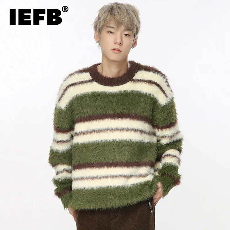 

IEFB Stripe Male Mohair Pullover Sweaters Casual Round Collar Contrast Color Men's Knitting Pullovers New Stylish Spring 9C4171