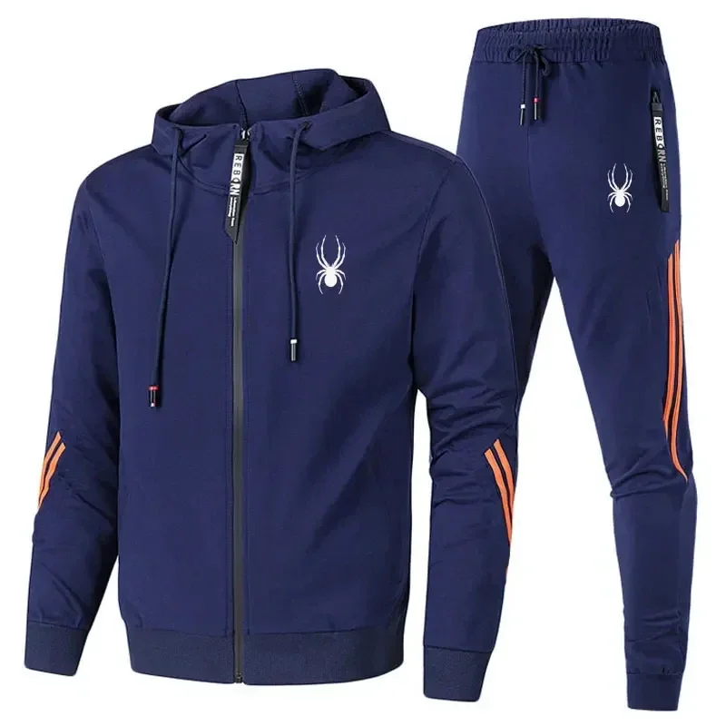 Man wearing casual zipper jacket and jogger pants set in an outdoor fitness or streetwear setting dark blue
