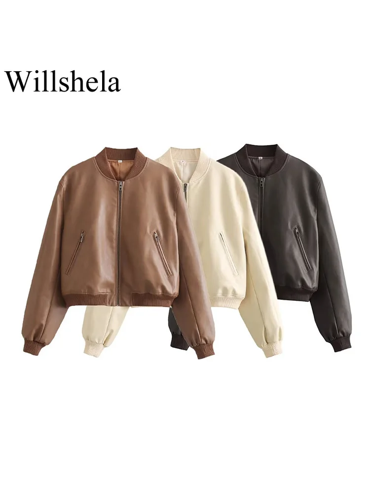 

Willshela Women Fashion With Pockets PU Solid Front Zipper Bomber Jackets Vintage O-Neck Long Sleeves Female Chic Lady Outfits