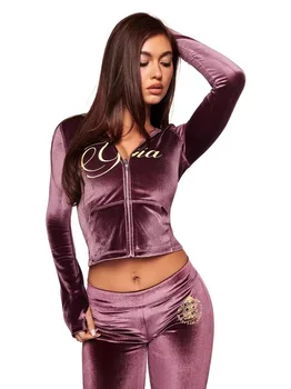 GIA New Stylish Coffee-Colored Velvet Zip-Up Hooded Jacket & Relaxed Slim-Fit Pants Comfortable Minimalist Set 1