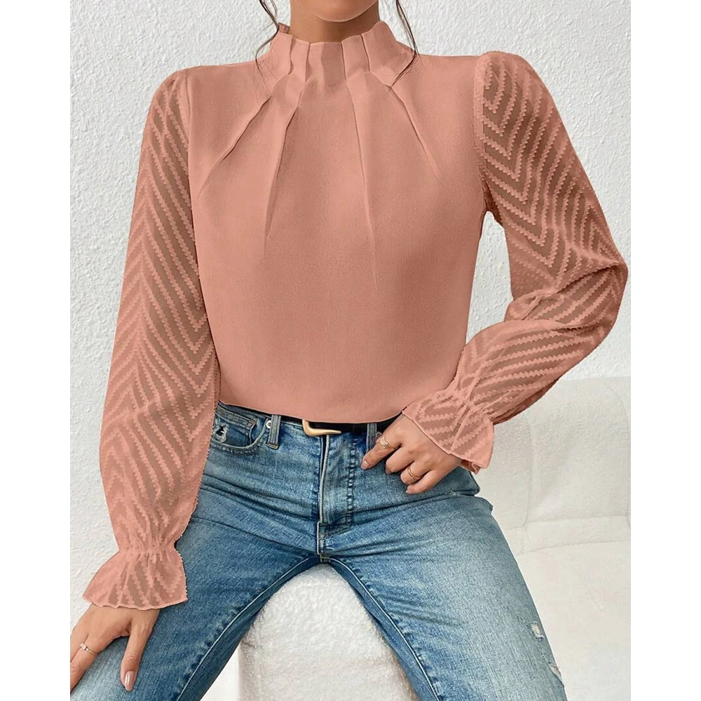 Autumn Women Half High Frill Ruched Neck Chiffon Casual Shirt Female Elegant Sheer Mesh Pattern Long Sleeve Blouse Top Workwear