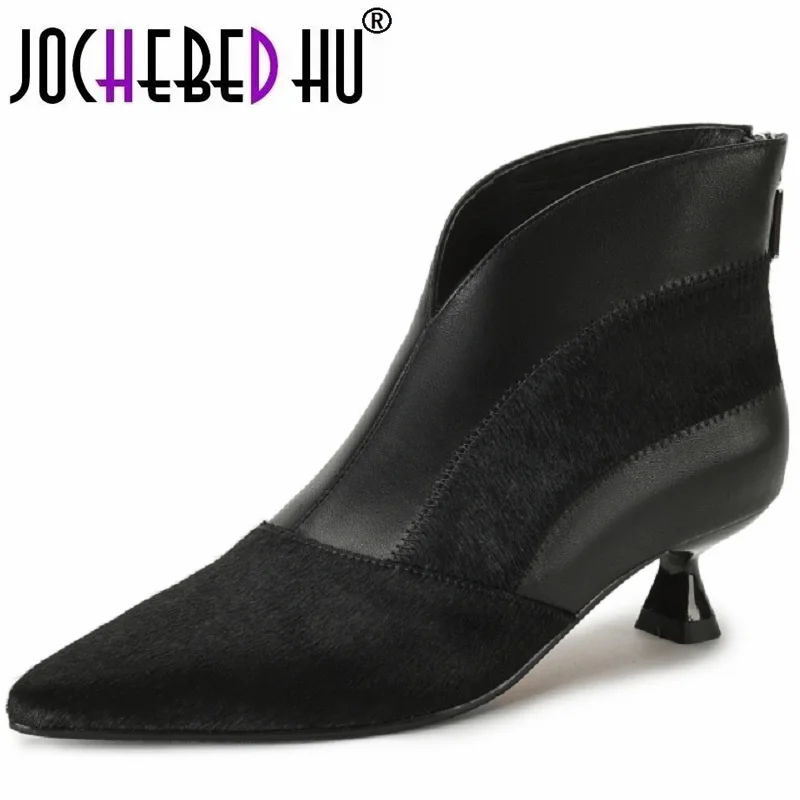 

【JOCHEBED HU】New Brand Genuine Leather Women Pointed Toe Split Leather Shoes for Buckle Ankle Boots Solid Heel Boots
