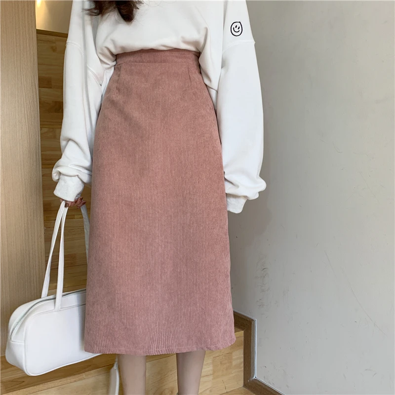

Autumn Winter Skirt Women High Waist A-line Hip Skirt Split Corduroy Temperament Long Skirt